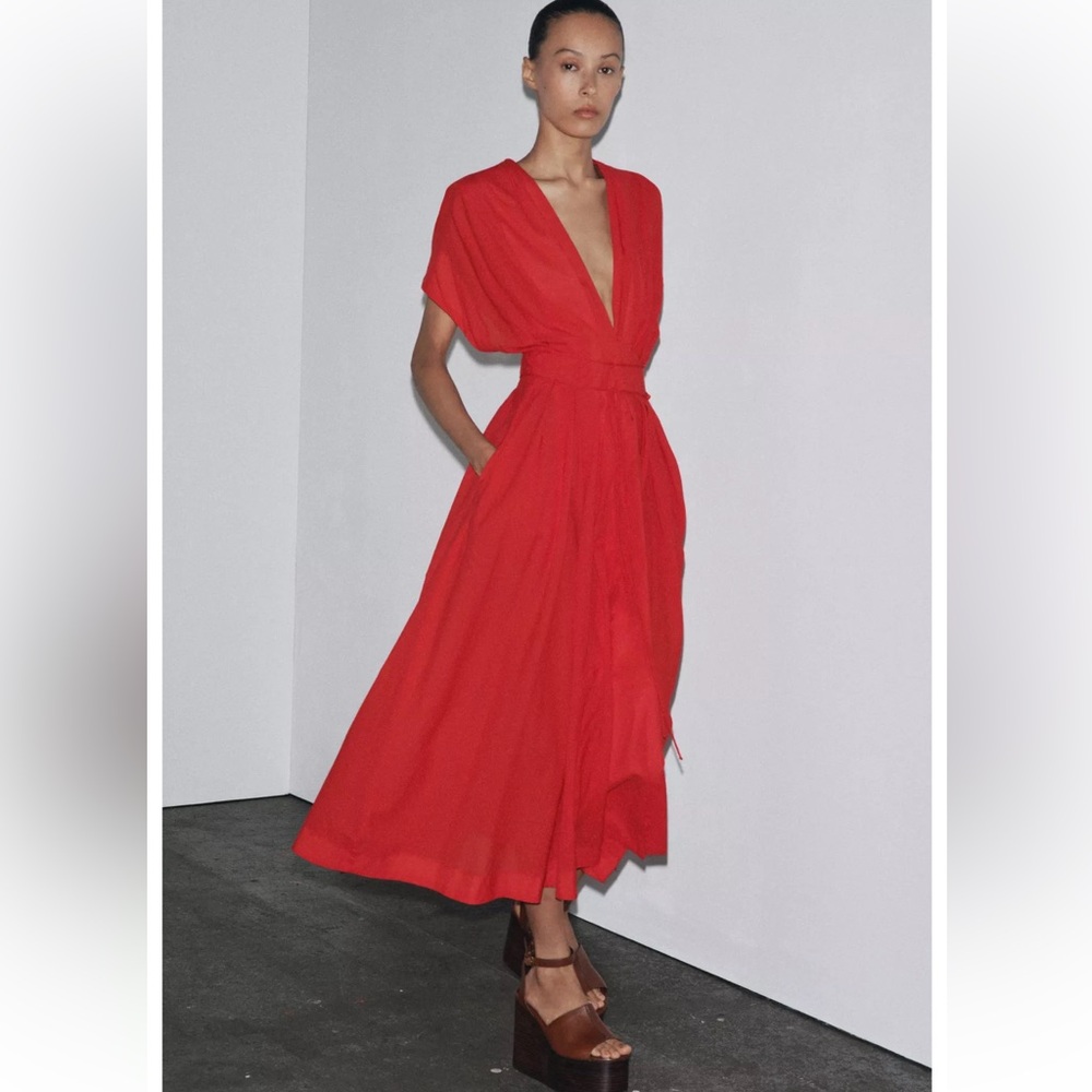 Zara Red Cotton Pleated Midi Dress, ZW Collection. NWT